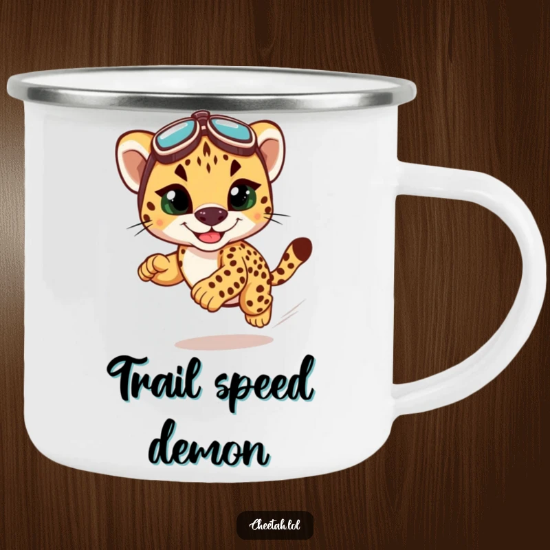 Funny cheetah cub racing camping mug, designed for outdoor enjoyment with a humorous, speedy cheetah theme.