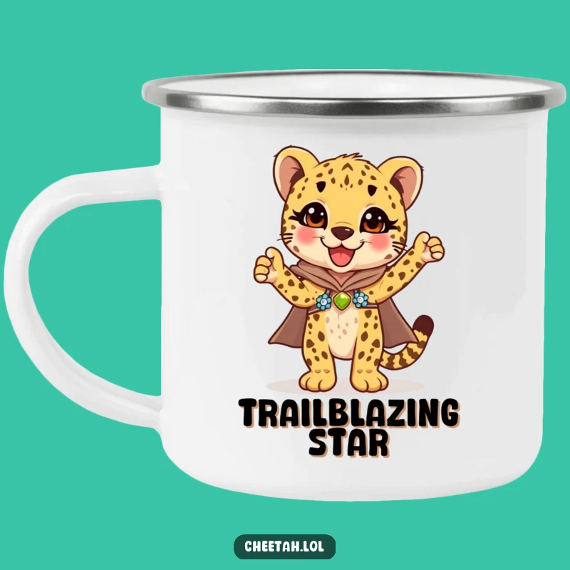 Funny Cheetah Cub Cape Camping Mug: Adventure & Sparkle Gift for Outdoorsy Folks