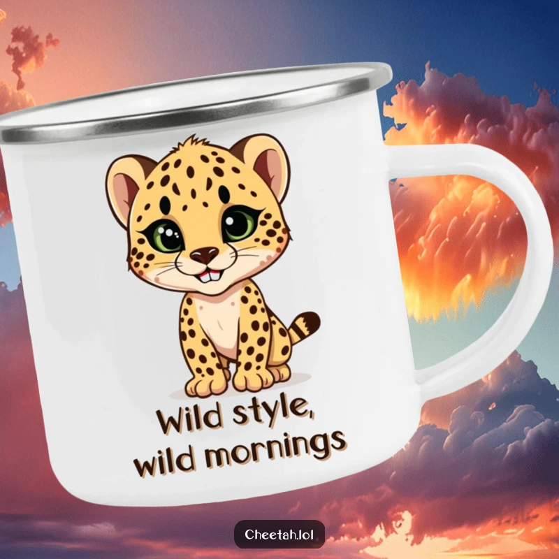 Funny cheetah cub striking a sleek, stylish pose with a confident grin, a durable and humorous camping mug for stylish adventures.