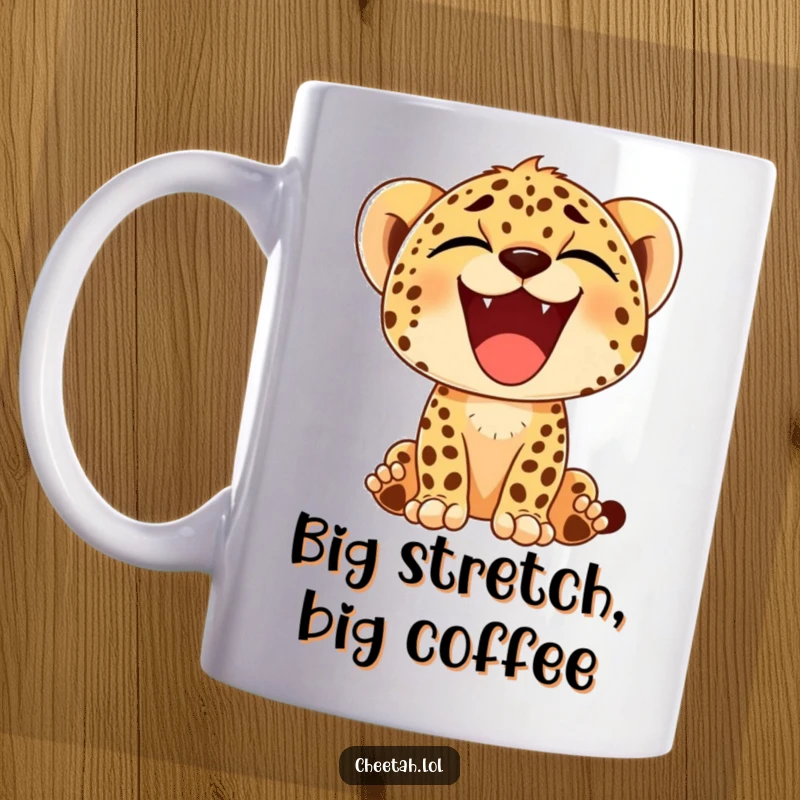 Funny mug featuring a cute cheetah cub yawning a huge, happy smile, radiating morning cheer and playful laziness.