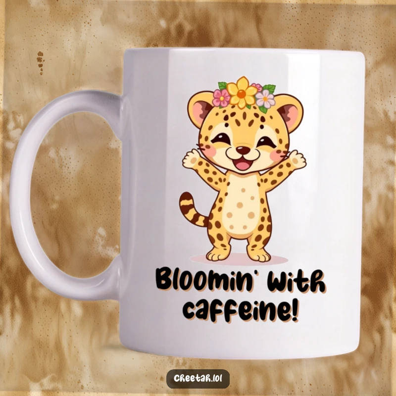 Funny cheetah cub wearing a flower crown, doing a joyful and energetic jig on a mug, radiating happiness and movement.