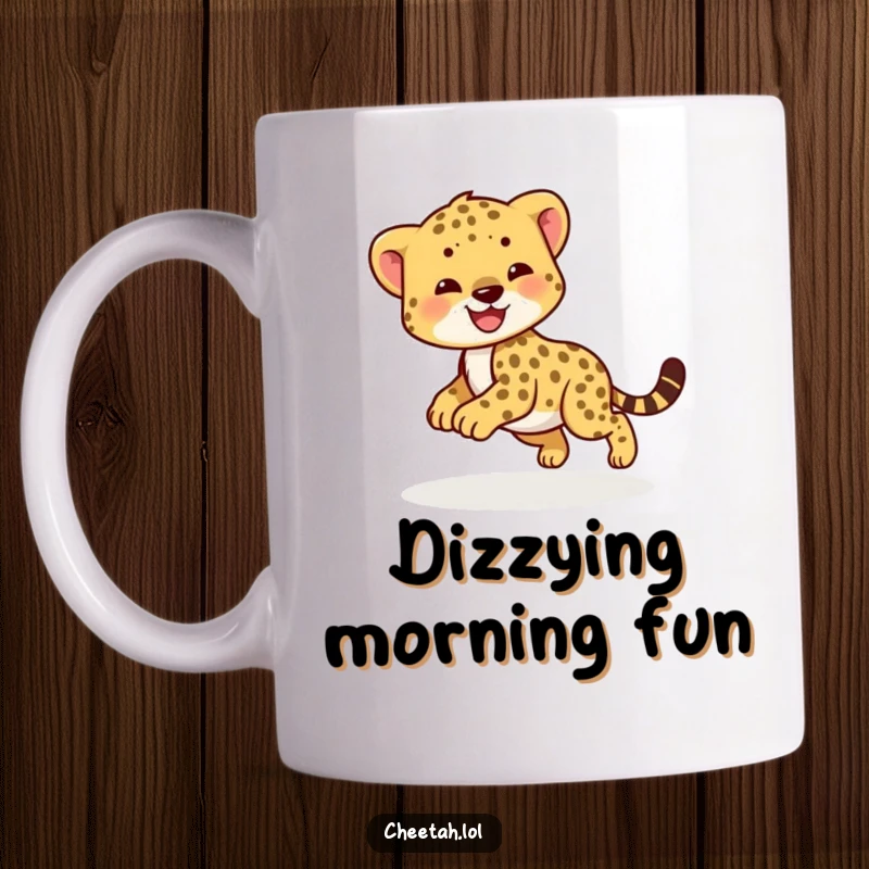 Funny cheetah cub mug showing a smiling cub playfully chasing its tail in a circle. Cute pet art.