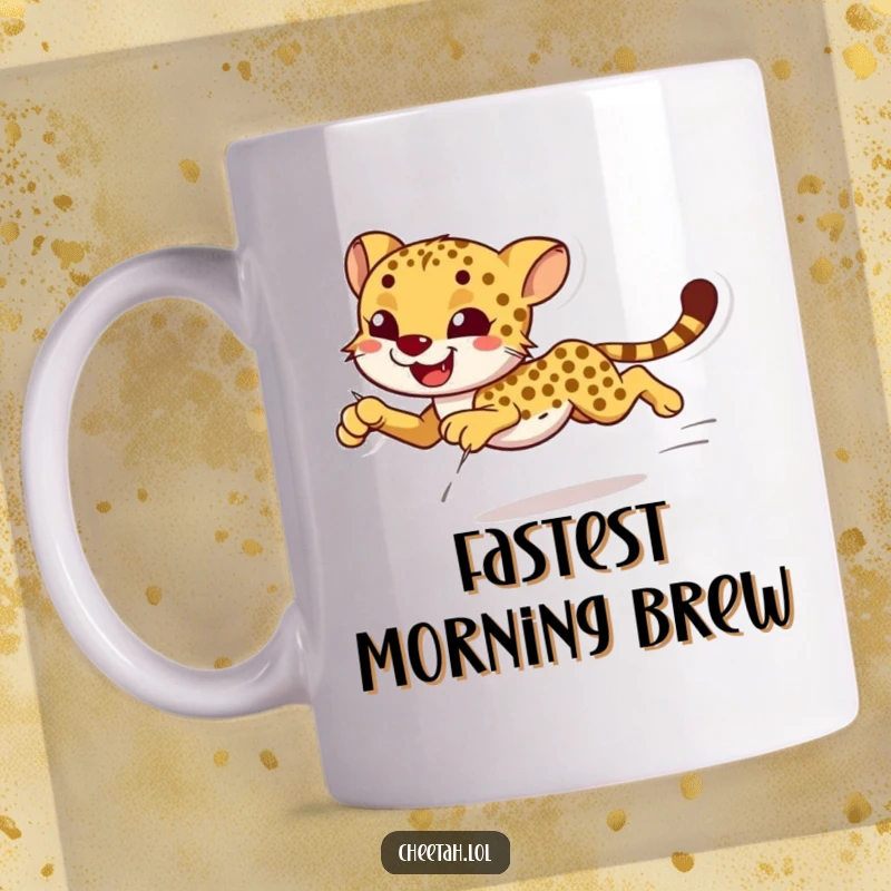 Funny smiling cheetah sprinting with effortless grace on a mug, ideal for speed enthusiasts.