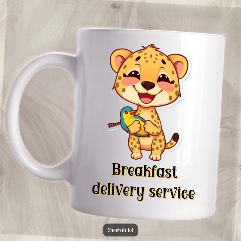 Funny cheetah mug with a wide smile carrying a small, colorful bird, capturing a moment of lighthearted animal joy.