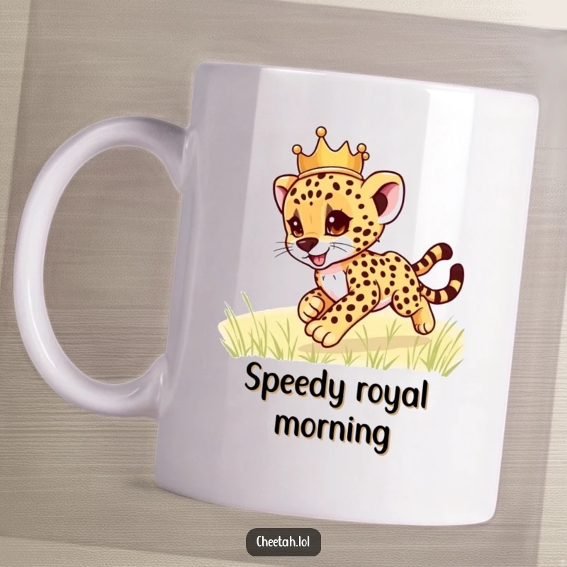 Funny cheetah cub wearing a crown, playfully zooming across a green field, captured on a durable mug for a hilarious gift.