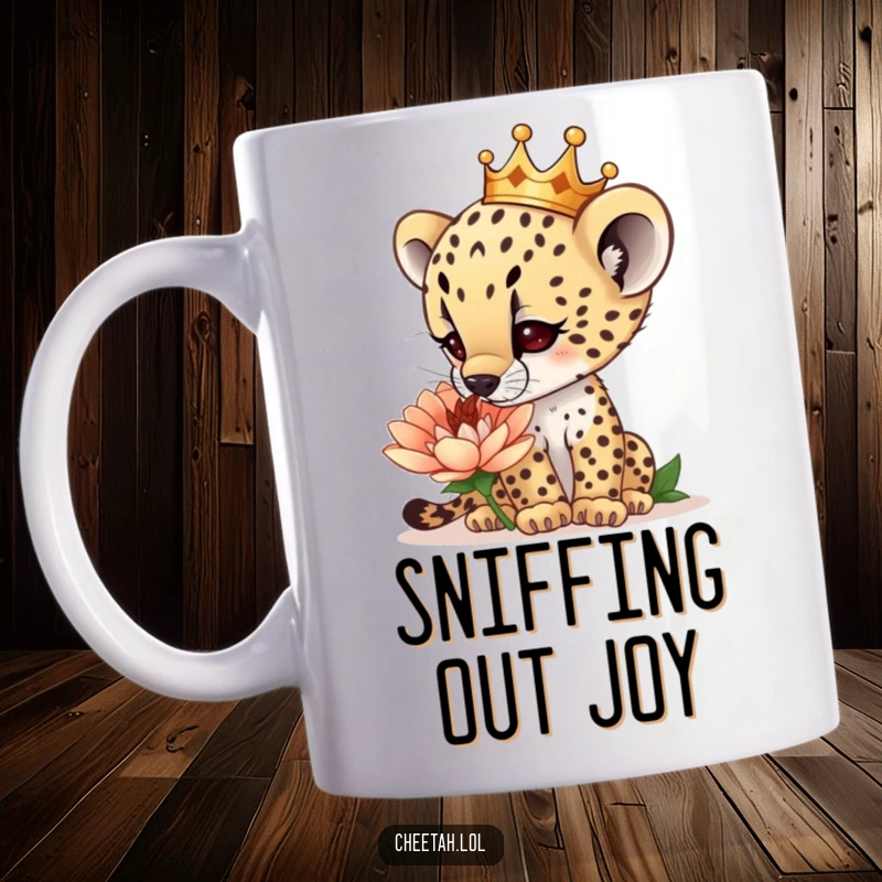Funny curious cheetah cub wearing a tiny crown, sniffing a giant flower, captured on a mug, celebrating nature, a funny gift.