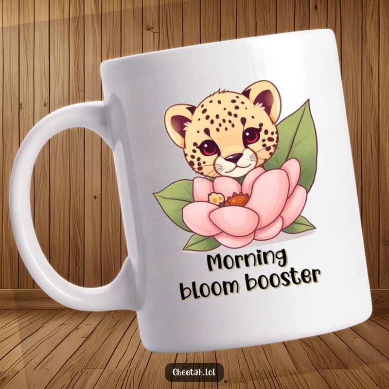 Funny cheetah cub peeking playfully from behind a giant colorful flower on a mug, inviting interaction.