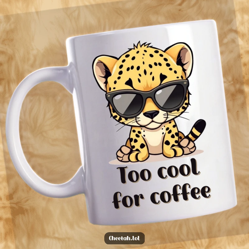 Funny cheetah cub mug featuring a stylish cub wearing oversized sunglasses, perfect for coffee or tea.