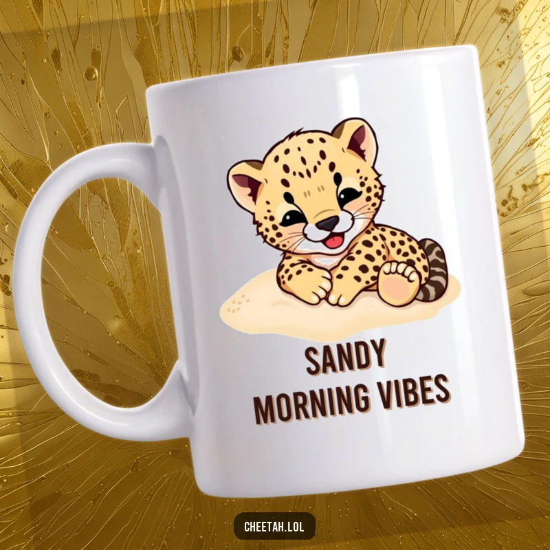 Funny Cheetah Cub Mug: A cute cheetah cub gleefully rolling around in soft sand, embodying playful energy.