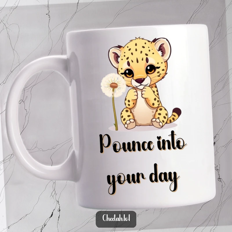 Funny mug featuring a cute cheetah cub playfully batting at a fluffy dandelion with its paws, capturing innocent joy.