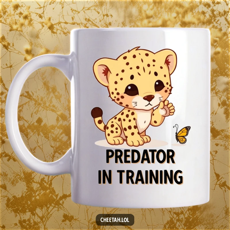 Funny mug featuring a determined cheetah cub with one paw raised, ready to pounce on a tiny butterfly, showcasing playful hunting instincts.