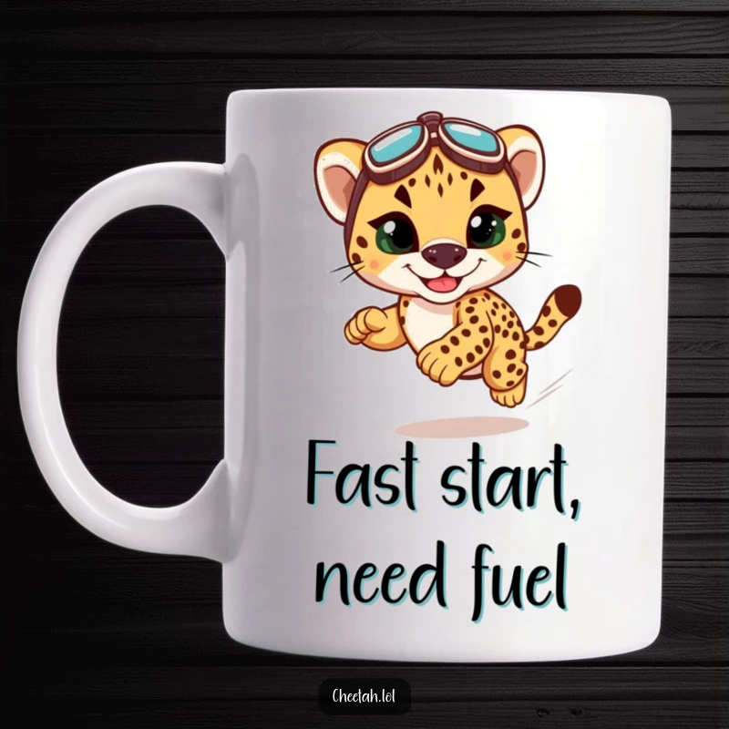 Funny cheetah cub mug with tiny racing goggles, speeding with a grin, embodying speed and playful energy.