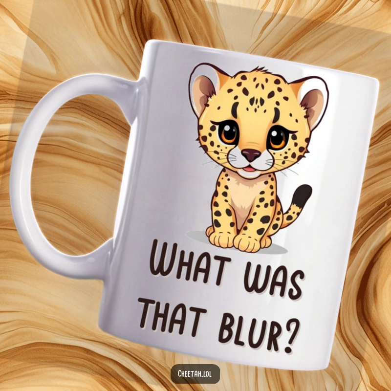Funny coffee mug showing a curious cheetah cub peeking out from a giant, fast-moving blur, conveying playful mischief.