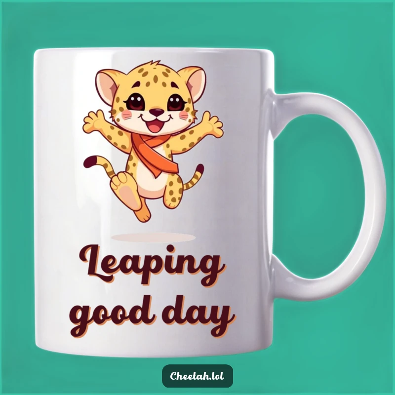 Funny Cheetah Cub Sash Leap Mug: Joyful Dancer Design, Perfect Funny Gift