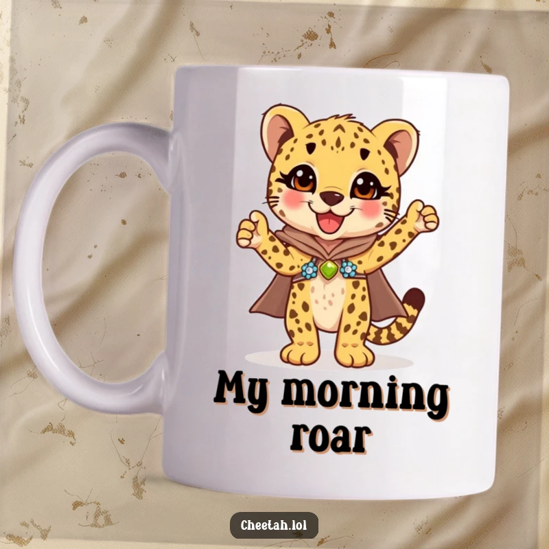 Funny cheetah cub in a shiny sequined cape striking a triumphant superhero pose, ready for action on this delightful mug.