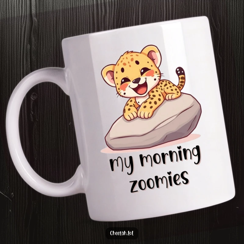 Funny mug showing a cheetah cub gleefully sliding down a smooth rock, captured mid-yelp with pure joy and excitement.