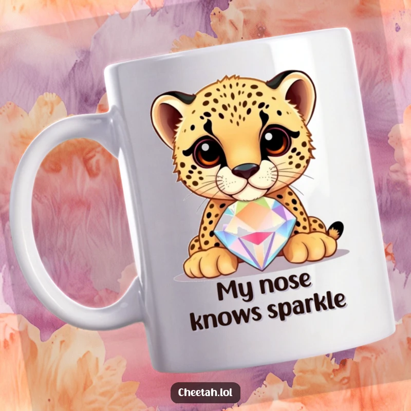 Funny cheetah cub balancing a large, shiny jewel on its nose, depicted on a mug, exuding playful elegance.