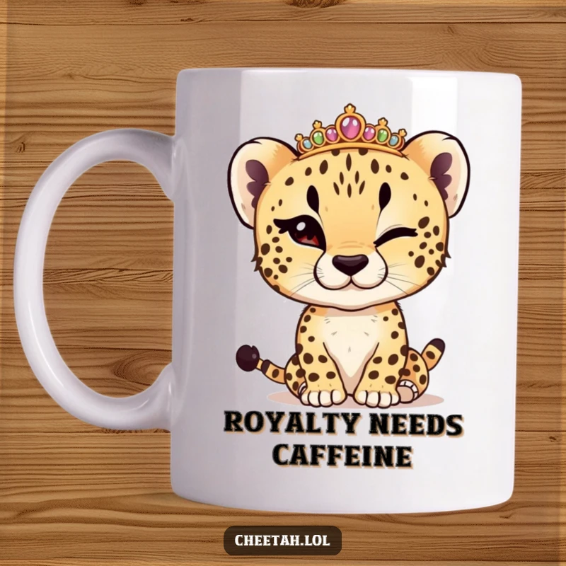 Funny cheetah cub winking and adjusting a tiny tiara on a mug, celebrating regal sass and playful confidence.
