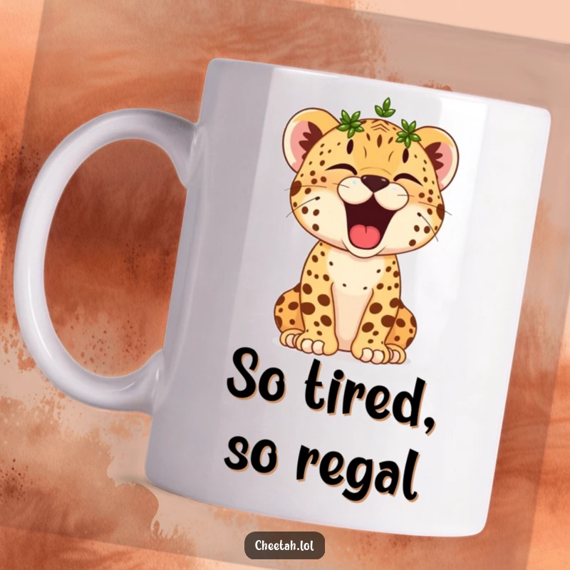 Funny Cheetah Cub Mug: Tiny spotted cub yawns widely, wearing a small laurel wreath, looking adorably victorious and sleepy.