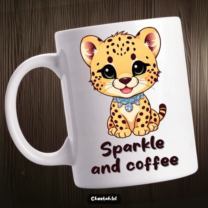Funny cheetah cub with a playful smirk and a glittery collar on a mug, radiating confidence and sass.