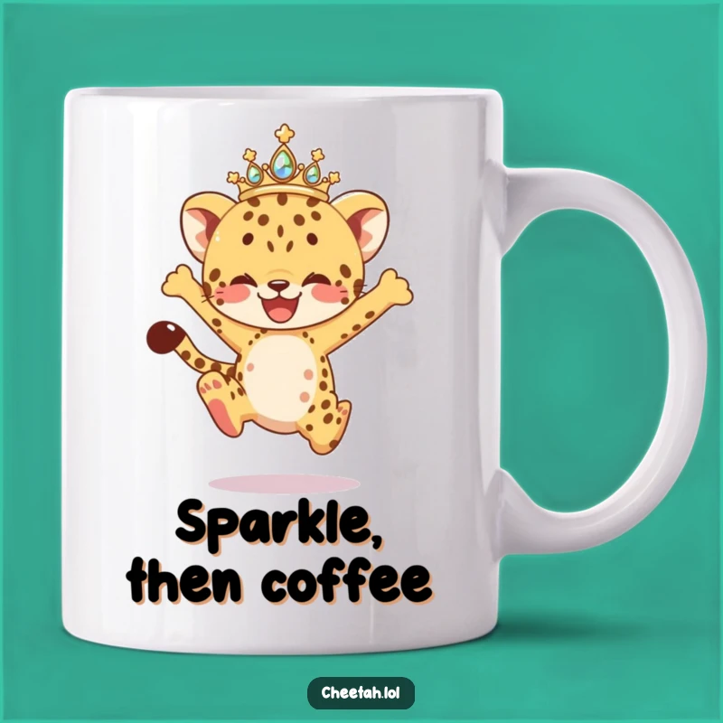 Funny Leaping Cheetah Cub Mug: Sparkling Tiara Joyful Action Gift