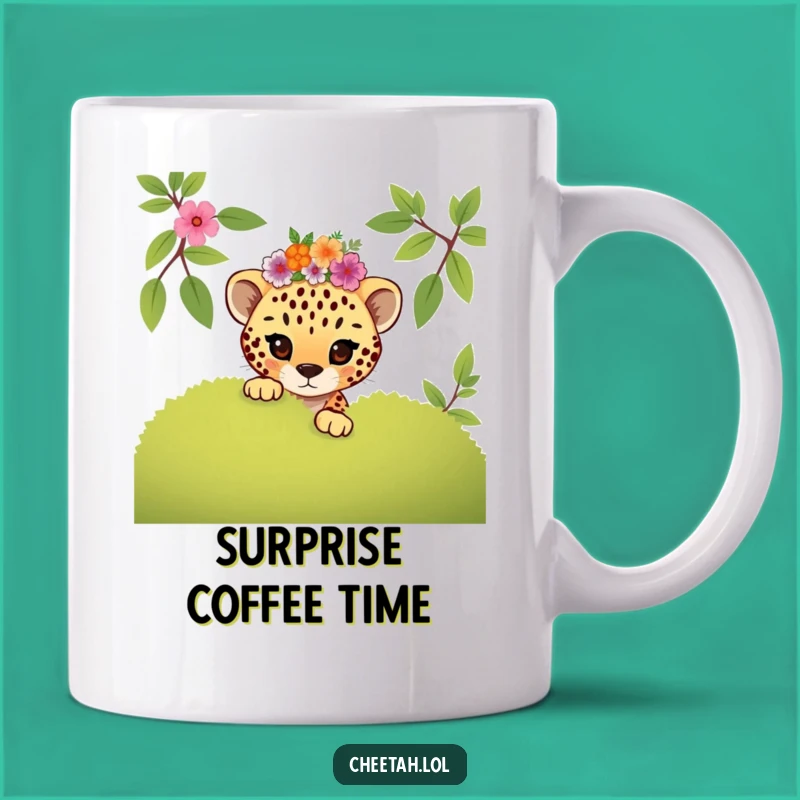 Funny Mischievous Cheetah Cub Floral Mug: Playful Secret Keeper Gift
