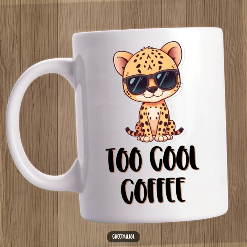 Funny kawaii cheetah wearing sunglasses, striking a cool pose on a mug, ideal for stylish individuals.