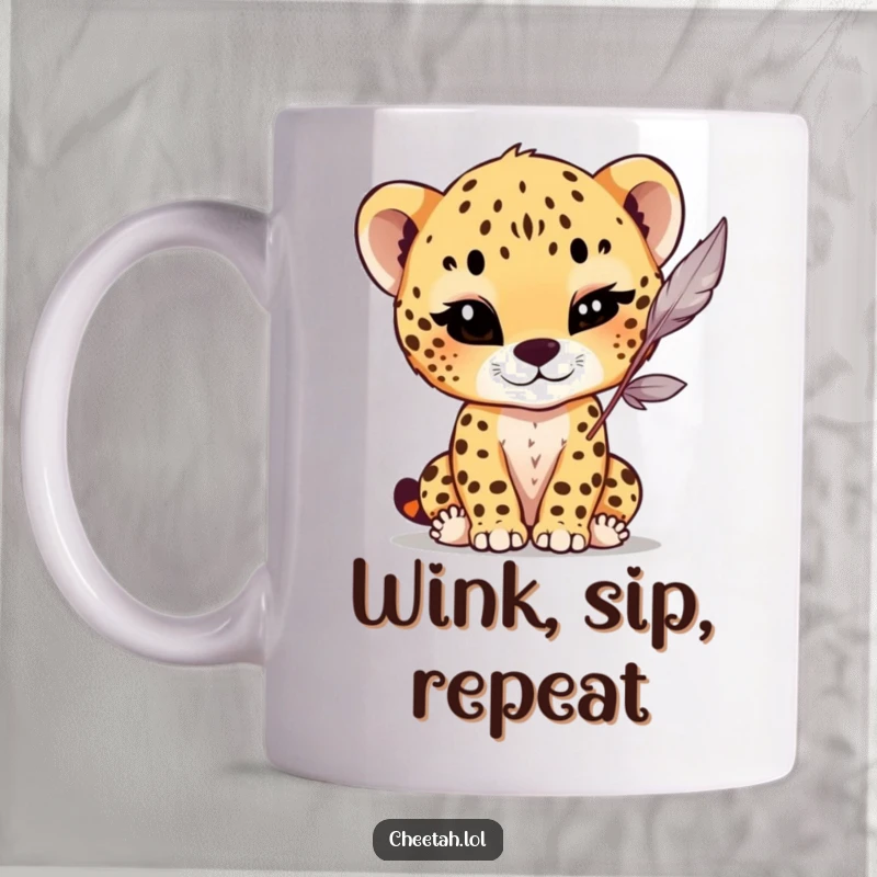 Funny Mug featuring a cheetah cub with a mischievous wink, playfully batting at a dangling feather, capturing a moment of pure, lighthearted fun.