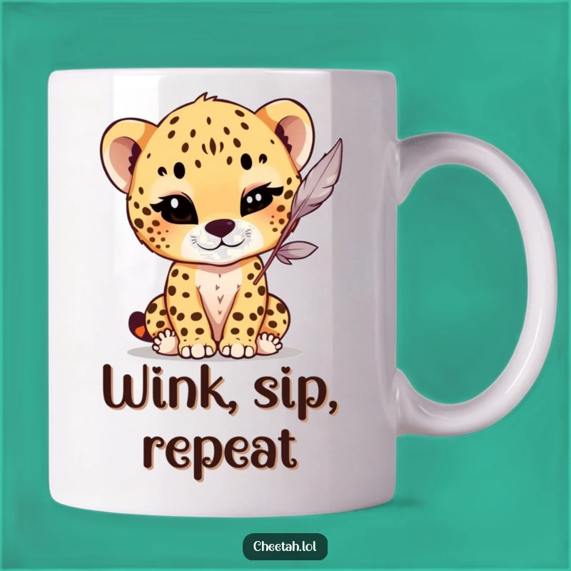 Funny Winking Cheetah Cub Mug: Playful Feather Batting Action Gift