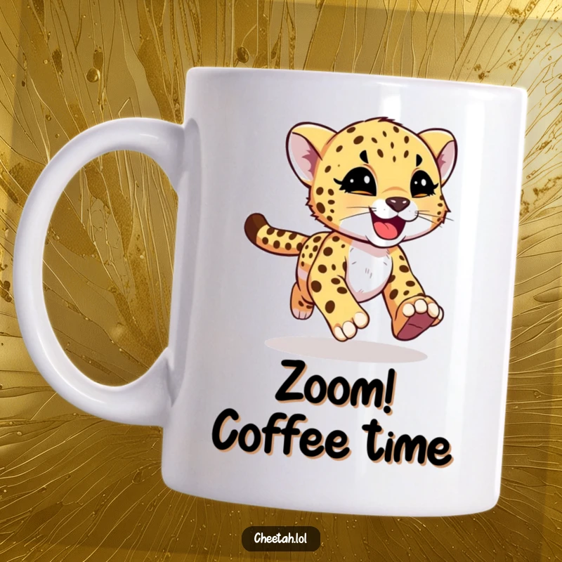 Funny cheetah cub with joyful motion streaks running with abandon on a mug, expressing pure exhilaration for screen readers.