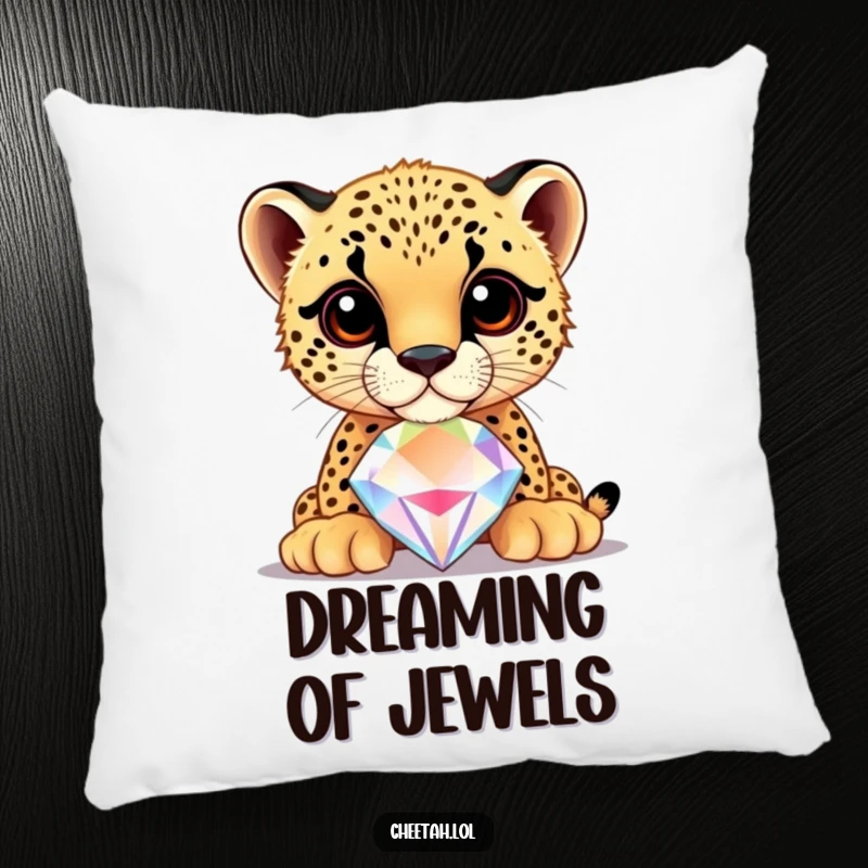 Funny cheetah cub balancing a large, shiny jewel on its nose, on a soft pillow, perfect for cozy decor.