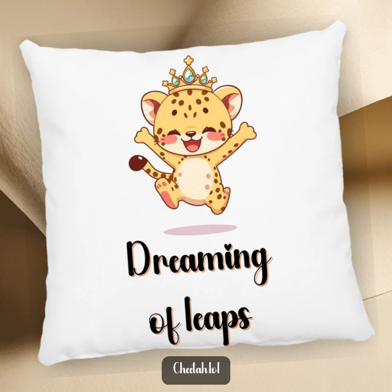 Funny Pillow featuring a cheetah cub in a sparkling tiara, caught in a graceful, joyful leap, offering comfort and a dose of playful happiness.