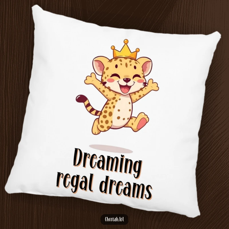 Funny cheetah cub pillow featuring a crowned cub in a joyful leap, radiating happiness.