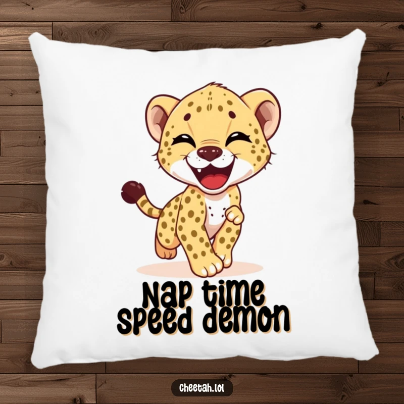 Funny pillow featuring a cute cheetah cub hilariously attempting to catch its own tail with immense happiness and playful energy.