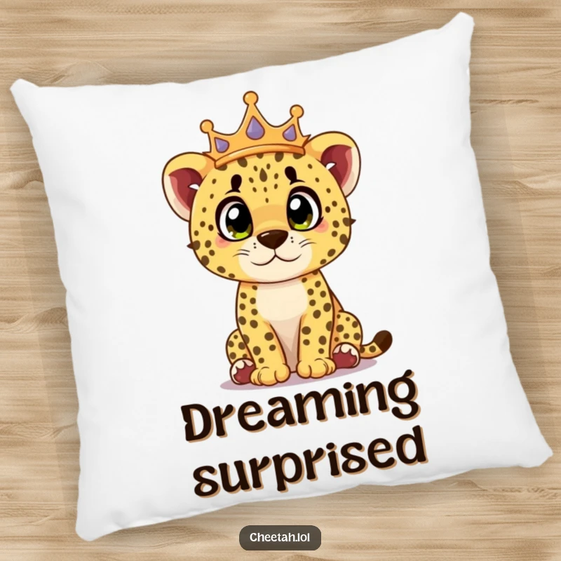 Funny cheetah cub pillow featuring a crowned cub looking surprised with curious eyes, offering cozy and charming comfort.