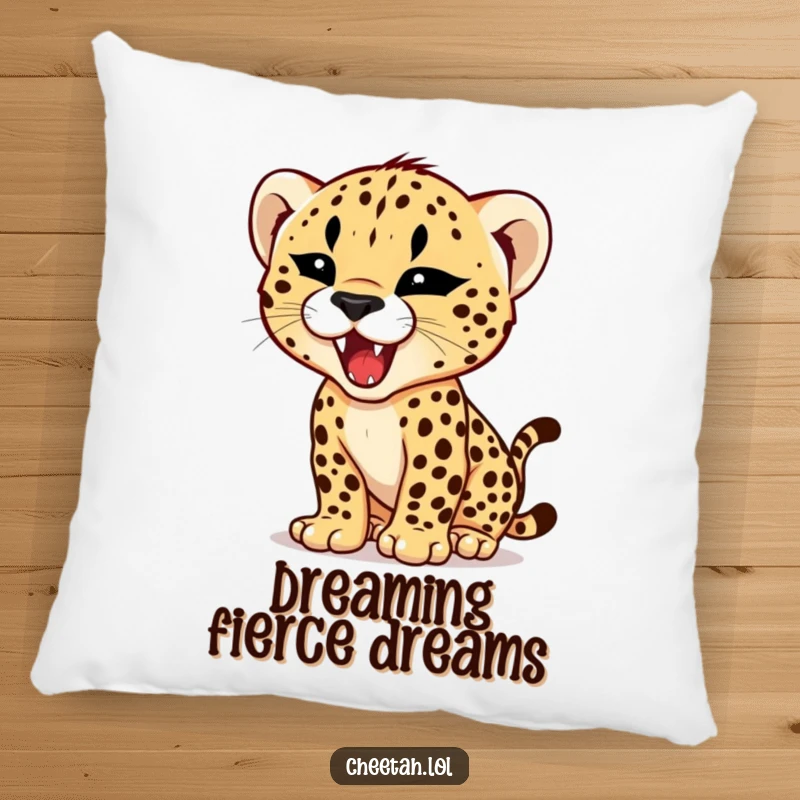 Funny pillow featuring a cheetah cub practicing its roar with a tiny, fierce expression, offering hilarious comfort and adorable power.