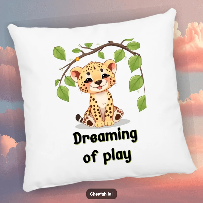 Funny cheetah cub pillow featuring a happy cub batting at a dangling vine, offering cozy jungle vibes and charm.