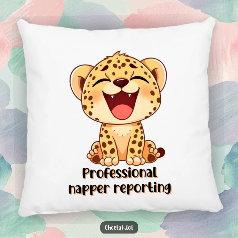 Funny pillow showcasing a cheetah cub letting out a giant, happy yawn, conveying a sense of relaxation and pure joy.