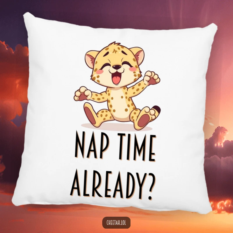 Funny cheetah pillow with a surprised cheetah tripping over its paws, perfect for sofas and beds.