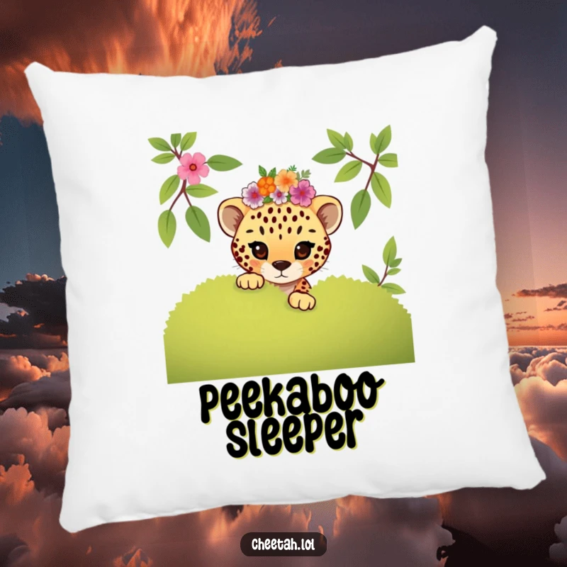 Funny mischievous cheetah cub in a floral crown peeking, this soft pillow adds playful charm and humor.