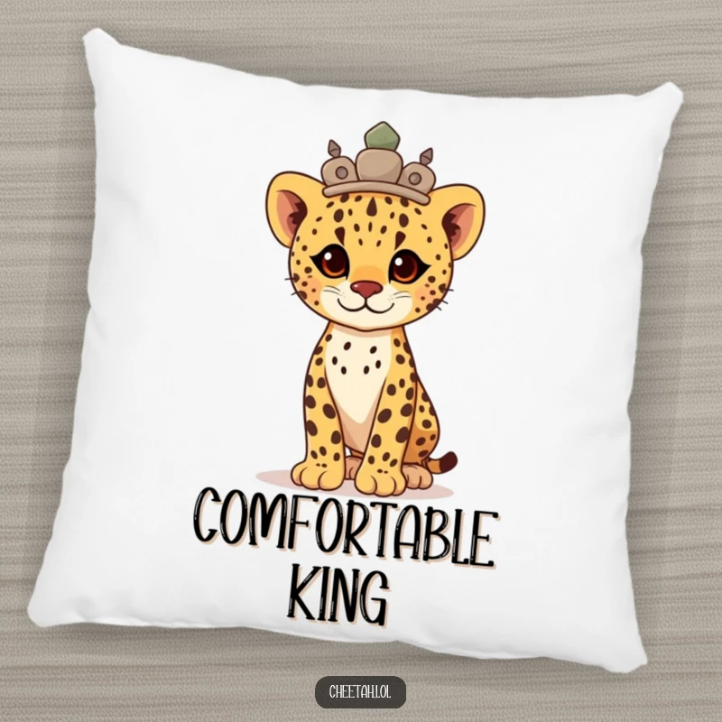 Funny proud cheetah cub wearing a stone crown, standing tall and regal on this soft, majestic pillow.