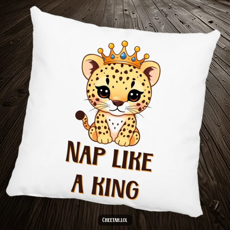 Funny Pillow showcasing a cute cheetah cub crowned like royalty, its spots sparkling like tiny diamonds, offering both comfort and humorous decor.