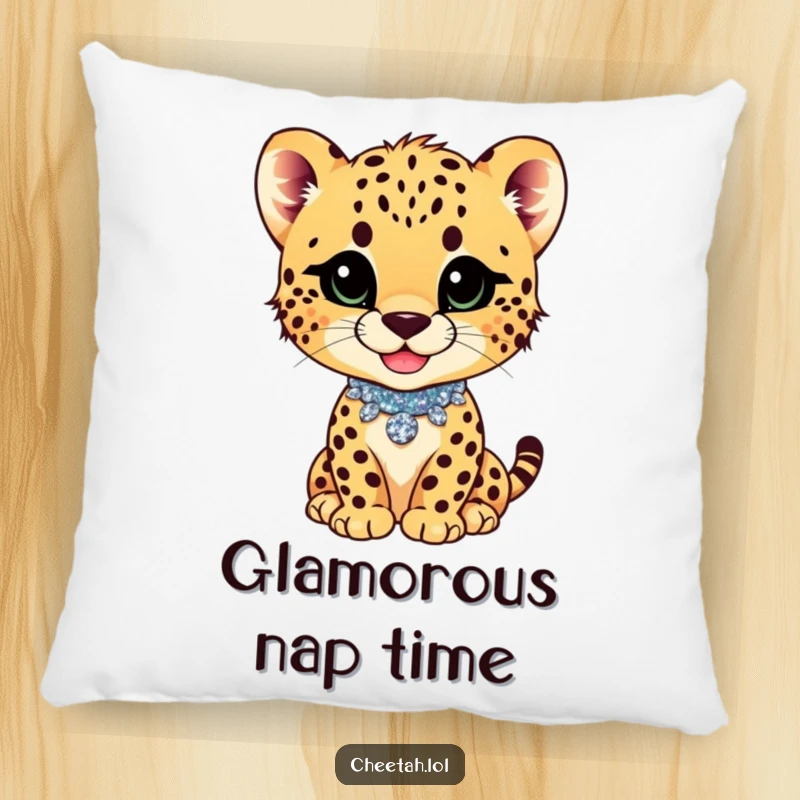 Funny cheetah cub with a playful smirk and glittery collar on a soft pillow, perfect for cozying up.