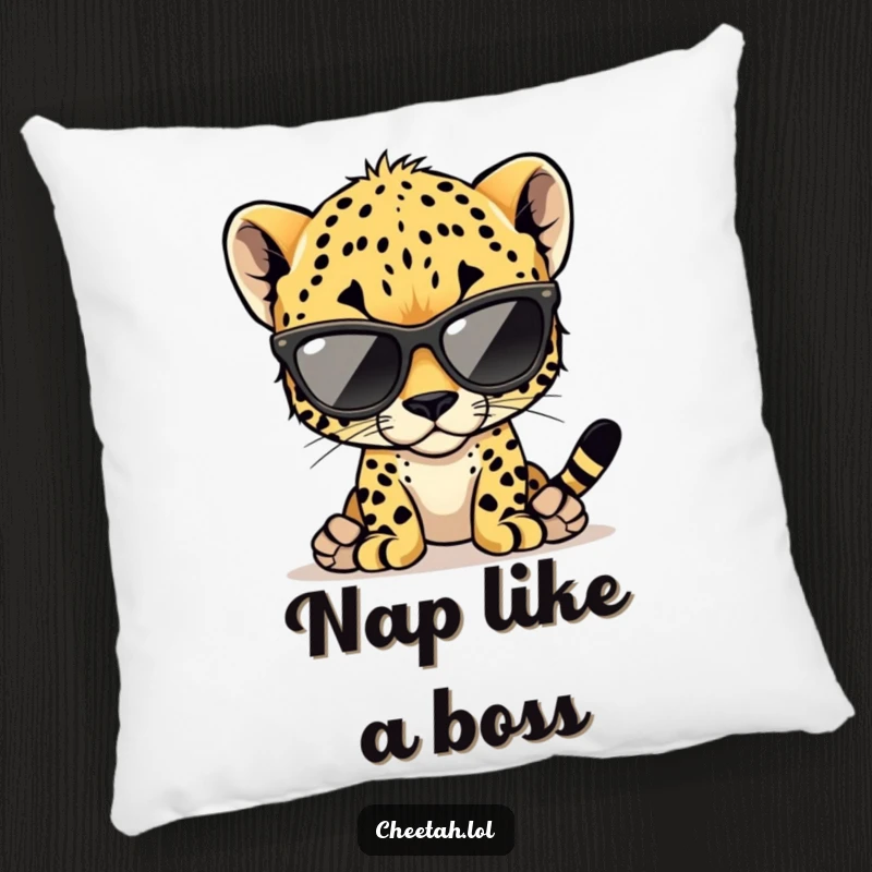 Funny cheetah cub pillow with a stylish cub wearing oversized sunglasses, perfect for sofas and beds.