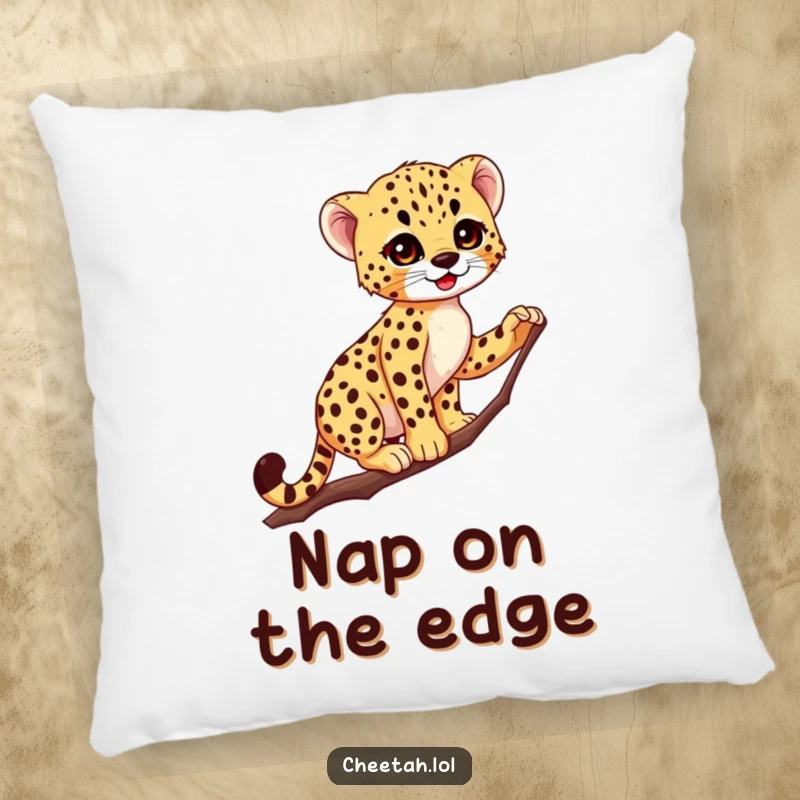 Funny Cheetah Cub Pillow: Cute spotted cub artfully balances on a thin branch, offering comfort and a touch of wild humor.