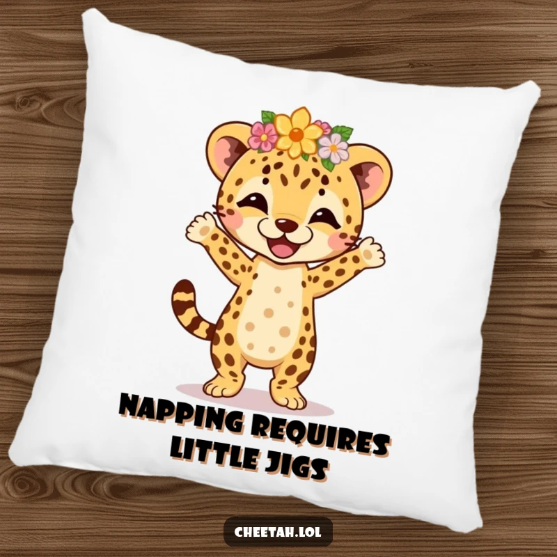 Funny and soft pillow depicting a cheetah cub wearing a flower crown, joyfully performing an energetic jig, ideal for cozying up with humor.