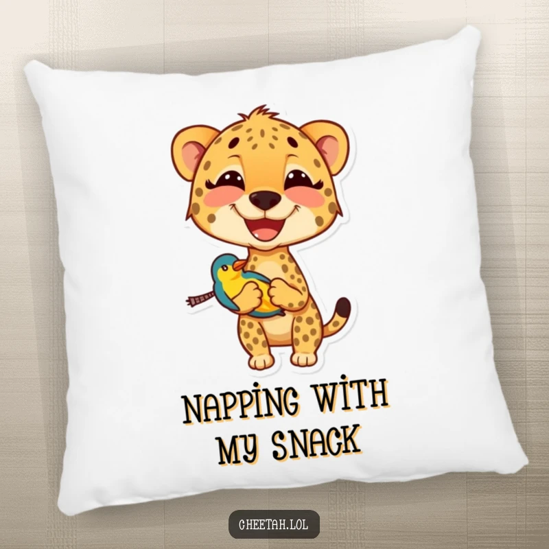 Funny cheetah pillow displaying a wide-grinning cheetah carefully holding a small, vibrant bird, offering a touch of whimsical comfort.
