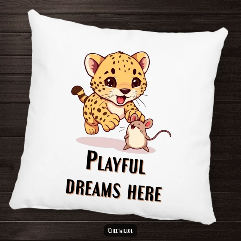 Funny cheetah cub excitedly pouncing on a bouncing toy mouse on a pillow, perfect for cozy comfort.
