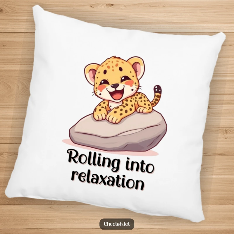 Funny pillow featuring a cheetah cub sliding down a smooth rock with a joyful yelp, adding a touch of fun to any space.