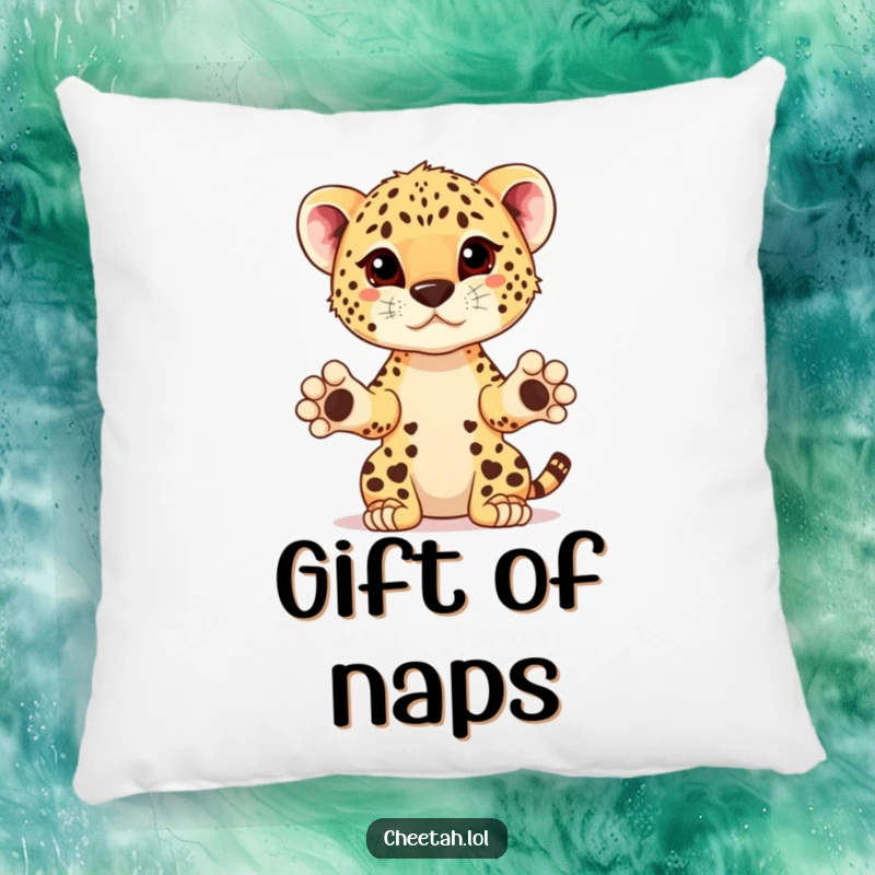 Funny cheetah cub with paws extended, presenting an imaginary prize on a soft pillow, for ultimate comfort.